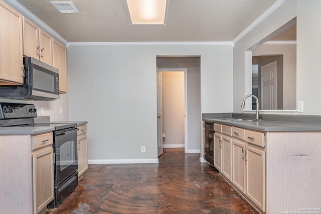 kitchen featuring black appliances, crown molding, sink, and light brown cabinets