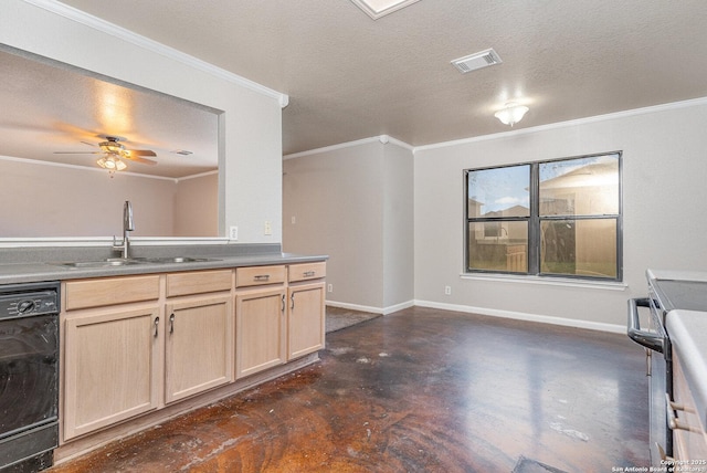 kitchen with a textured ceiling, dishwasher, light brown cabinetry, ceiling fan, and sink