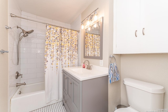 full bathroom with toilet, vanity, and shower / bathtub combination with curtain