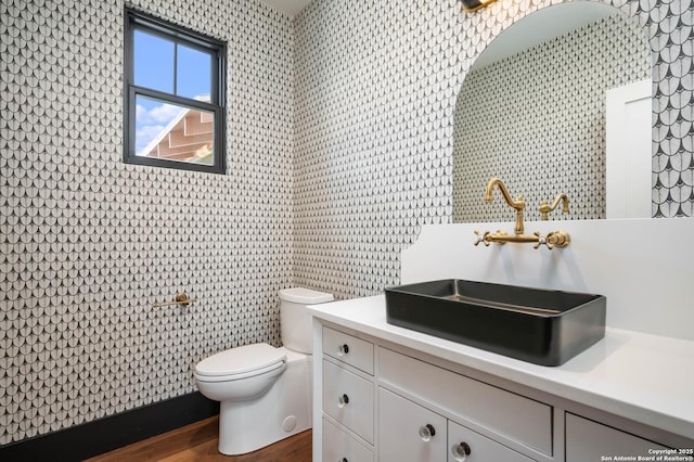 bathroom featuring toilet, vanity, and hardwood / wood-style floors