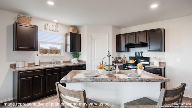 kitchen with an island with sink, black range with gas stovetop, dark brown cabinetry, and sink