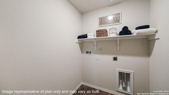 laundry room with hookup for a washing machine, hookup for a gas dryer, hardwood / wood-style flooring, and hookup for an electric dryer