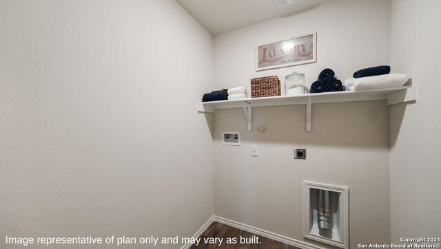 laundry room with hookup for a washing machine, hookup for a gas dryer, hardwood / wood-style flooring, and hookup for an electric dryer