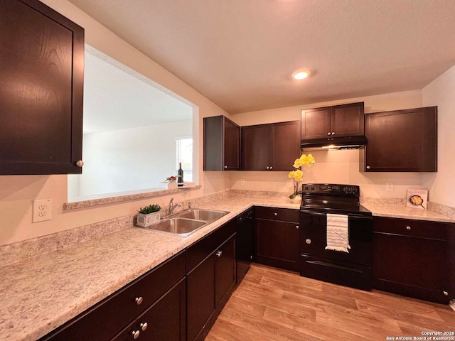 kitchen with sink, dark brown cabinets, black range with electric cooktop, and light hardwood / wood-style flooring