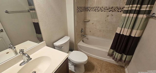 full bathroom with shower / tub combo, vanity, and toilet