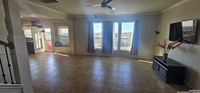 unfurnished living room with tile patterned flooring, ceiling fan, and ornamental molding