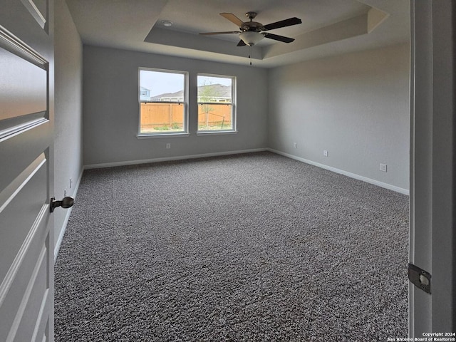 spare room with a raised ceiling, ceiling fan, and carpet