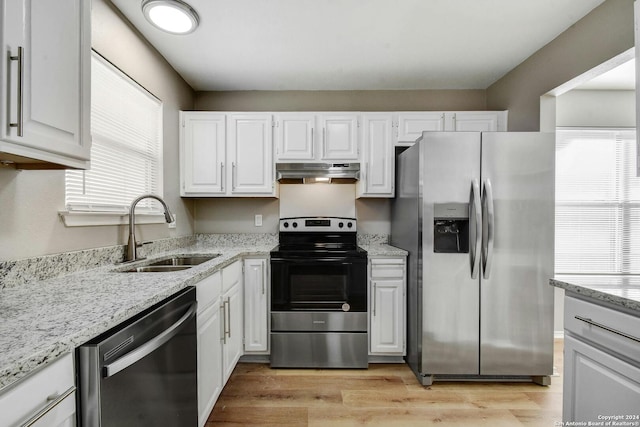 kitchen featuring white cabinets, light wood-type flooring, appliances with stainless steel finishes, and sink