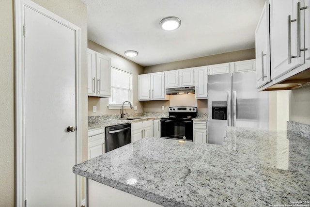 kitchen with black range with electric stovetop, white cabinets, dishwashing machine, and light stone counters