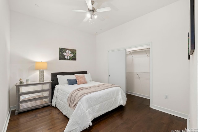 bedroom featuring a closet, ceiling fan, and dark hardwood / wood-style flooring