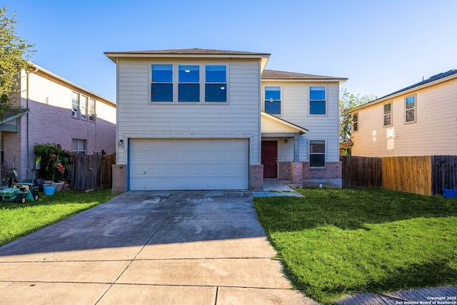 front of property with a front lawn and a garage