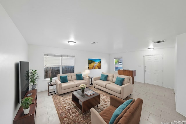 tiled living room with a wealth of natural light