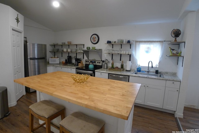 kitchen with wood counters, white cabinetry, stainless steel appliances, dark wood-type flooring, and sink