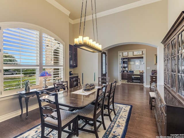 dining space with a high ceiling, dark hardwood / wood-style flooring, and crown molding