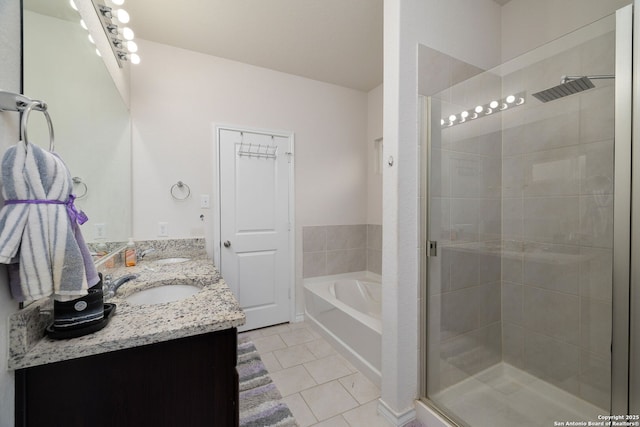 bathroom featuring vanity, tile patterned floors, and separate shower and tub