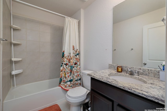 full bathroom with toilet, shower / tub combo, and vanity