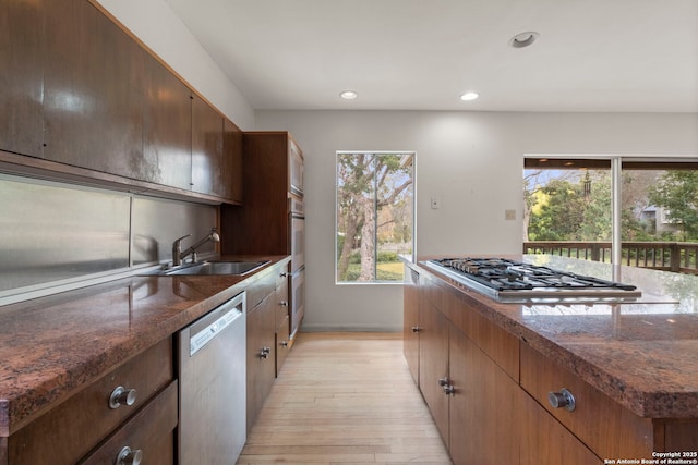 kitchen featuring stainless steel appliances, light hardwood / wood-style flooring, a wealth of natural light, and sink