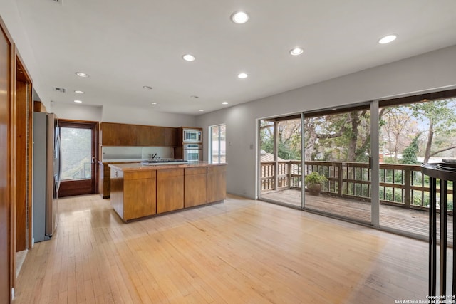 kitchen with appliances with stainless steel finishes and light hardwood / wood-style flooring