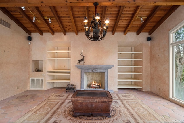 unfurnished living room with a chandelier, lofted ceiling with beams, wood ceiling, and built in features