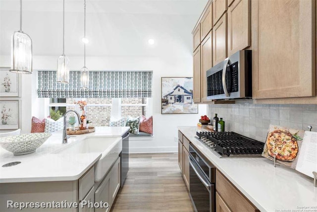 kitchen with light hardwood / wood-style flooring, decorative light fixtures, backsplash, appliances with stainless steel finishes, and sink