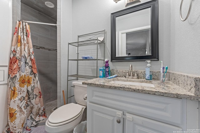 bathroom with toilet, a shower with shower curtain, and vanity