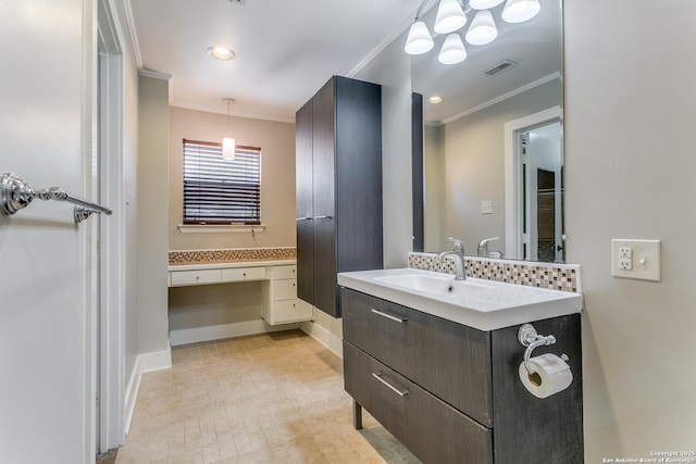 bathroom featuring ornamental molding, backsplash, and vanity