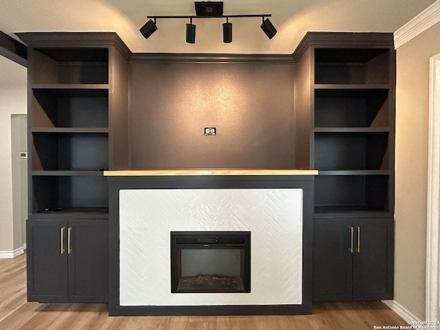 room details featuring hardwood / wood-style floors, ornamental molding, and built in shelves