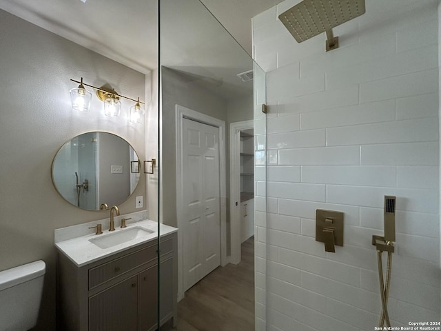 bathroom with wood-type flooring, vanity, and toilet