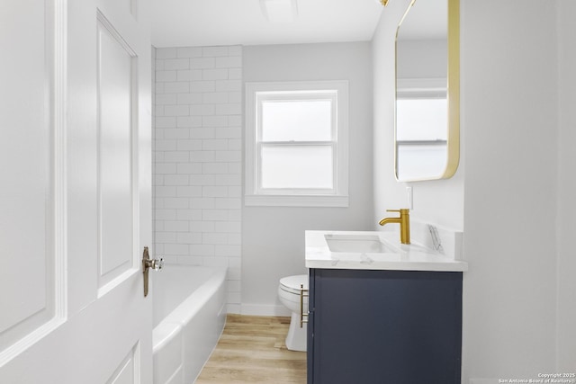 bathroom with toilet, vanity, and hardwood / wood-style flooring