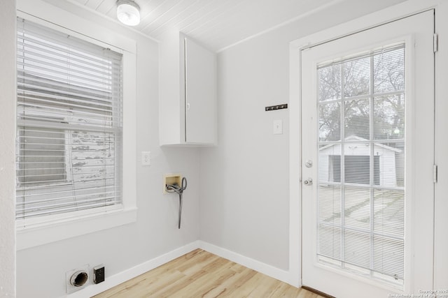 washroom featuring hookup for an electric dryer, light hardwood / wood-style floors, and washer hookup