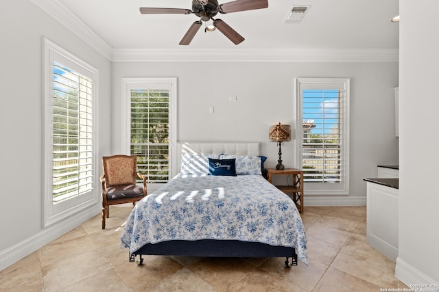 tiled bedroom with ceiling fan and crown molding