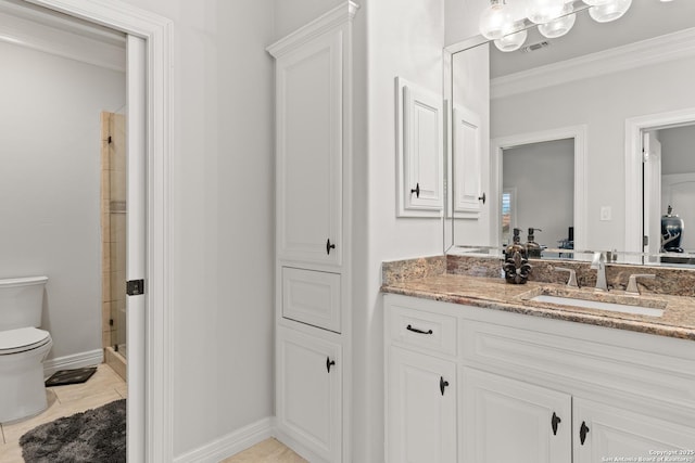 bathroom with toilet, tile patterned floors, a shower with door, vanity, and crown molding