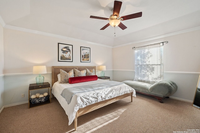 bedroom with carpet floors, ceiling fan, and ornamental molding