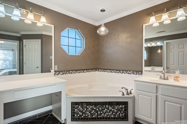 bathroom with vanity, tiled tub, tile patterned floors, and ornamental molding