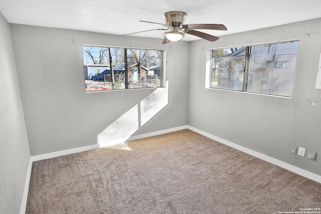 empty room featuring ceiling fan, a wealth of natural light, carpet flooring, and a textured ceiling