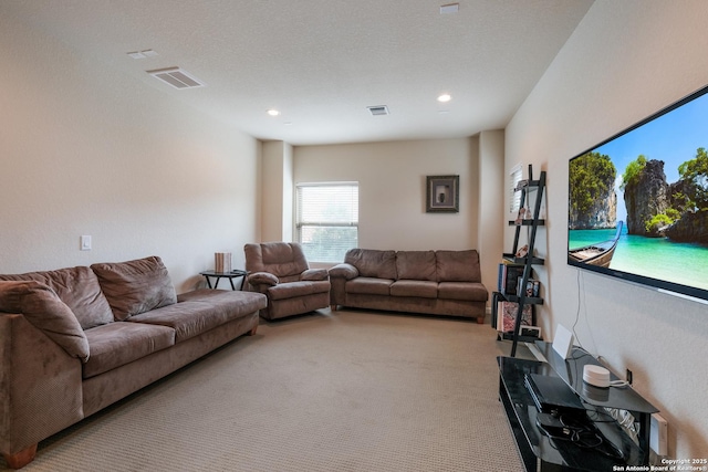 living room featuring a textured ceiling and light carpet