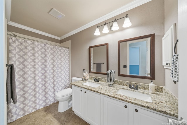 bathroom featuring toilet, vanity, and ornamental molding