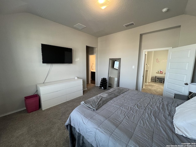 bedroom with lofted ceiling, a textured ceiling, and carpet floors