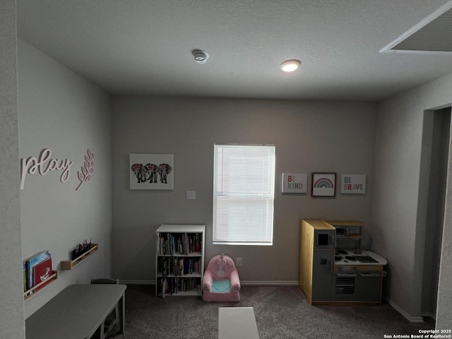 playroom with a textured ceiling and carpet flooring