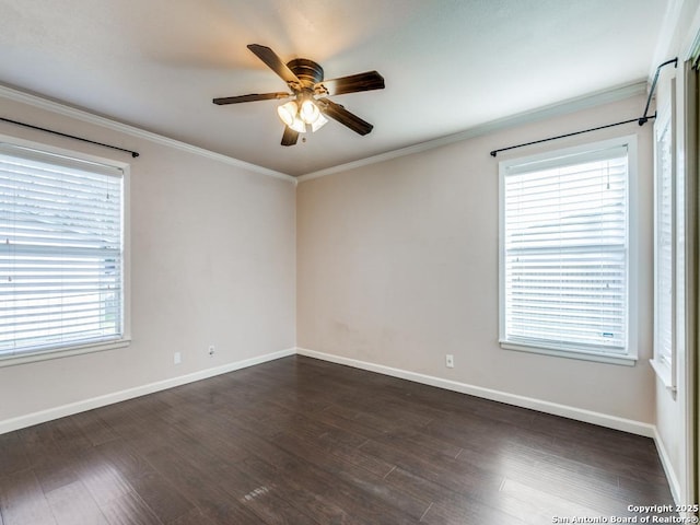 unfurnished room with ceiling fan, crown molding, and dark hardwood / wood-style floors