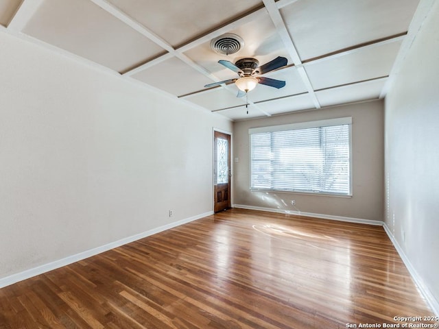 unfurnished room featuring coffered ceiling, hardwood / wood-style floors, and ceiling fan