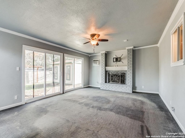 unfurnished living room with ceiling fan, crown molding, a fireplace, and carpet flooring