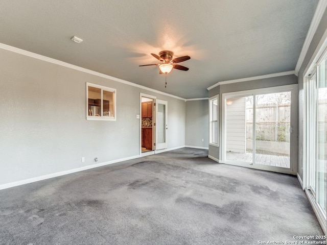 spare room with ceiling fan, crown molding, and carpet flooring