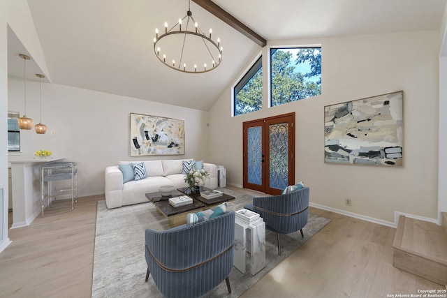 living room with french doors, light hardwood / wood-style flooring, high vaulted ceiling, a notable chandelier, and beam ceiling