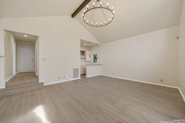 unfurnished living room featuring beam ceiling, light wood-type flooring, an inviting chandelier, and high vaulted ceiling