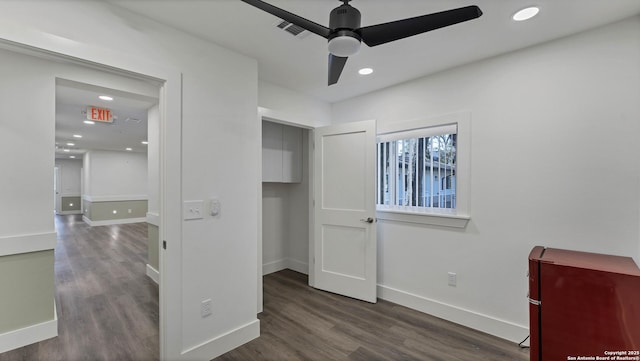 bedroom featuring ceiling fan and dark wood-type flooring