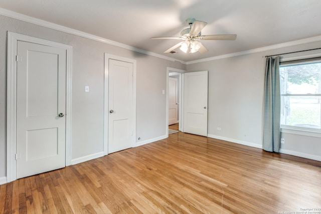 unfurnished bedroom with ceiling fan, ornamental molding, and light hardwood / wood-style flooring