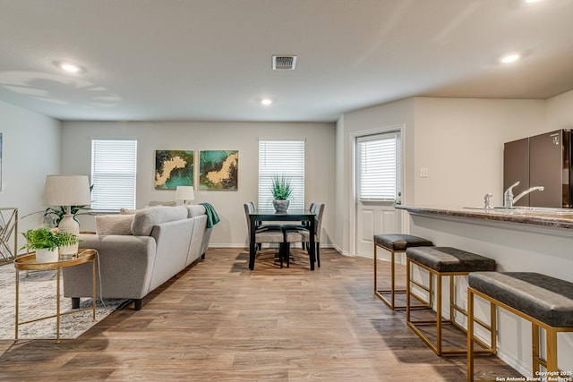 living room with sink, plenty of natural light, and light hardwood / wood-style flooring