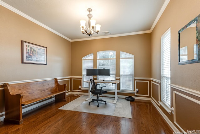 office area with ornamental molding, an inviting chandelier, and dark hardwood / wood-style floors