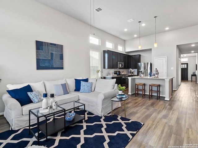 living room with a high ceiling and hardwood / wood-style floors